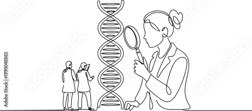 Single continuous line drawing female scientist standing near large DNA structure holding magnifier. Group research. one line art icon drawing vector