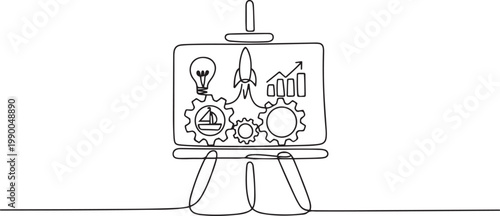 Easel on which a lights bulb, rocket launch, ship and graph going up inside gears. Continuous line drawing. Startup business. one line art icon drawing vector