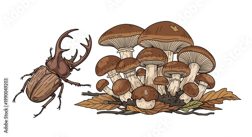 Beetle and Mushroom Cluster Illustration: Cartoon Style, Whimsical Forest Scene, Autumnal Fungus, Isolated on Transparent Background, Nature Graphic, Vector Design
