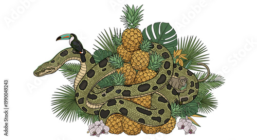 Lush Jungle Animals: Snake, Toucan, Monkey & Pineapples, Exotic Wildlife Tropical Illustration - Vector Art, Isolated on transparent background.