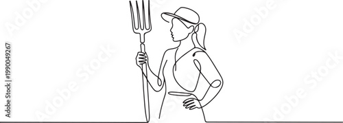 farmer woman worker holding fork farming tool. One line art of occupation professional worker. one line art icon drawing vector