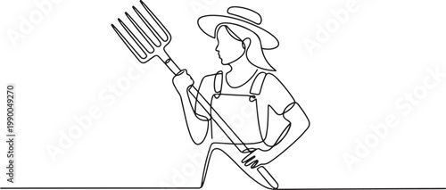 farmer woman worker holding fork farming tool. One line art of occupation professional worker. one line art icon drawing vector