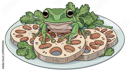 Cute Frog Sitting on Lotus Root Slices, Symbolic Asian Cuisine Illustration. Whimsical Food Art, Exotic Foodie, Isolated on transparent background, Vector Image.