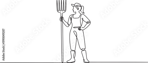 farmer woman worker holding fork farming tool. One line art of occupation professional worker. one line art icon drawing vector