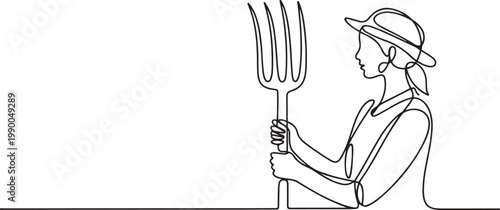 farmer woman worker holding fork farming tool. One line art of occupation professional worker. one line art icon drawing vector