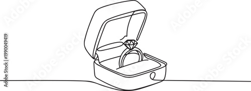 Box with an engagement ring. Wedding ring. Jewelry box.One continuous line drawn isolated. one line art icon drawing vector