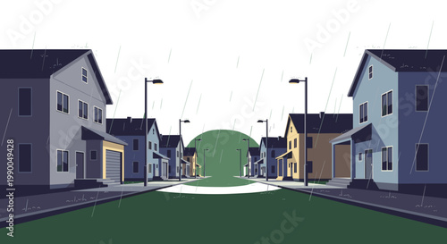 Rainy Day on Suburban Street Vector Illustration, Gloomy Urban Scene with Houses and Streetlights, Isolated on Transparent Background. Dark Mood, Nostalgia, Graphic Design.