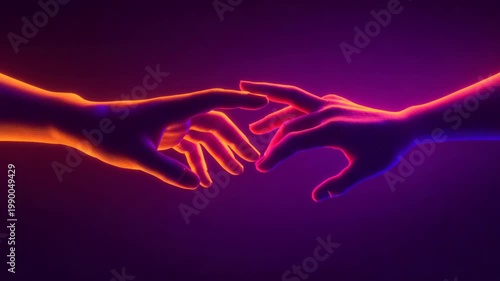 Digital Wireframe Hands Connecting: Futuristic Neon Glow Representing AI and Human Interaction