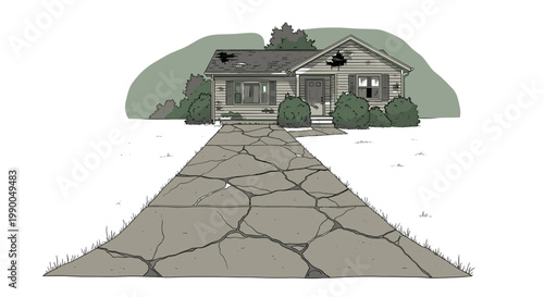 Dilapidated House Vector: Foreclosure, Abandoned Home, Real Estate Crisis Concept, with Cracked Driveway, Isolated on Transparent Background for Design and Illustration