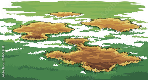 Patches of Dead Grass on Green Lawn, Depicting Neglect, Disease or Poor Maintenance, isolated on transparent background. Vector illustration for lawn care and landscaping.