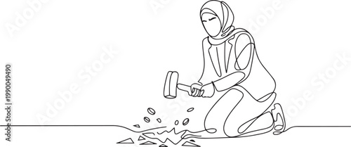 young Arab female worker digging treasure on the street with hammer. Getting a new business idea minimalist concept. one line art icon drawing vector