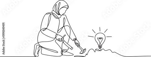 young Arab female worker digging treasure on the street with hammer. Getting a new business idea minimalist concept. one line art icon drawing vector