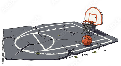 Abandoned Basketball Court with Cracked Asphalt and Flat Ball. Urban Decay Grunge Illustration, Isolated on transparent background. Nostalgic Streetball Game Scene.