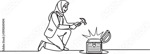 young Arab female worker digging treasure on the street with hammer. Getting a new business idea minimalist concept. one line art icon drawing vector