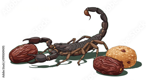 Scorpion and Dates Illustration: Dark Desert Predator with Exotic Fruits, Venomous Wildlife Concept, Vector Art Isolated on Transparent Background