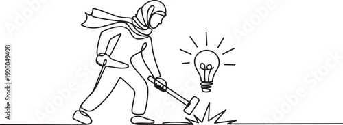 young Arab female worker digging treasure on the street with hammer. Getting a new business idea minimalist concept. one line art icon drawing vector