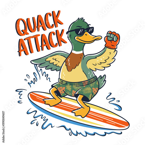 Duck Wearing Sunglasses Surfing Board.