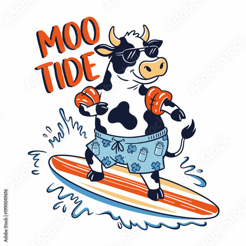 Cow wearing sunglasses on surfboard.