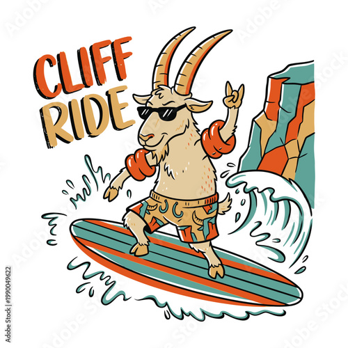 Goat surfing on a board ocean.