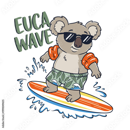 Koala wearing sunglasses on surfboard.
