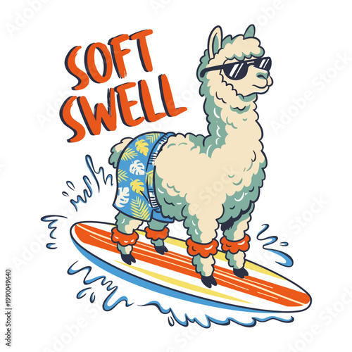 Llama Wearing Sunglasses on Surfboard.