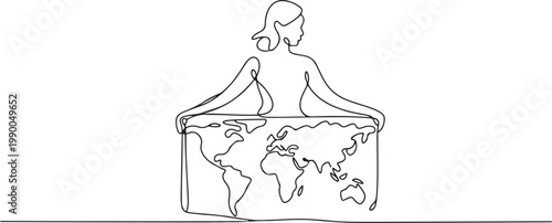 Woman holding world map. one line art icon drawing vector