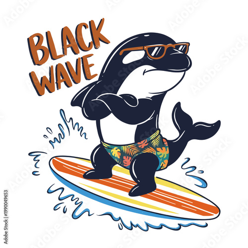 Orca wearing sunglasses on surfboard.