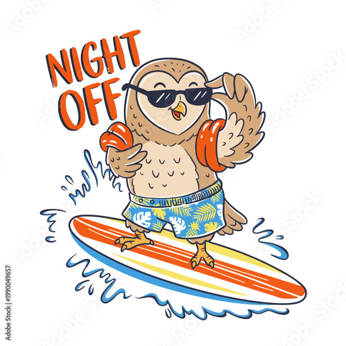 Owl wearing sunglasses on surfboard.