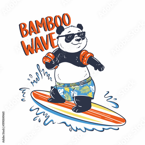 Panda surfing on colorful board.