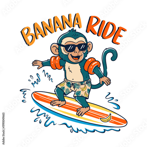 Monkey wearing sunglasses on surfboard.