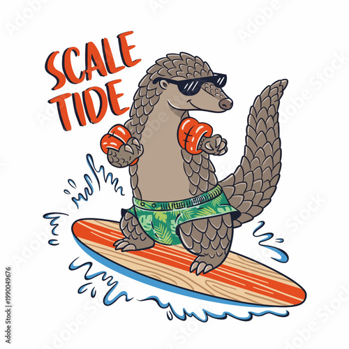 Pangolin on surfboard wearing sunglasses.