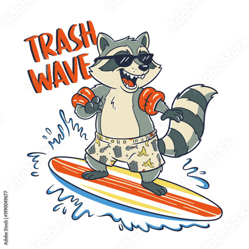 Raccoon Wearing Sunglasses Surfing Board.