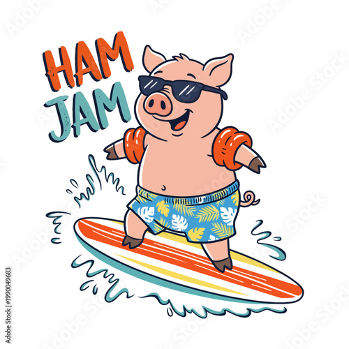 Pig wearing sunglasses on surfboard.