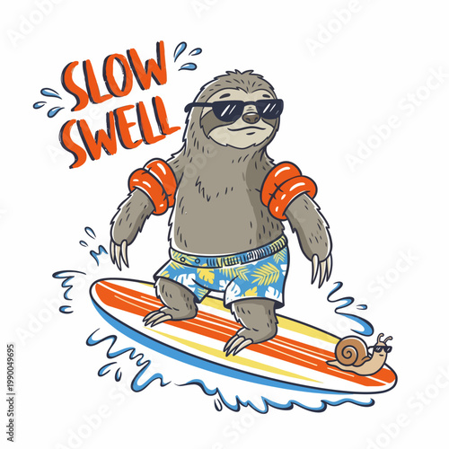 Sloth wearing sunglasses on surfboard.