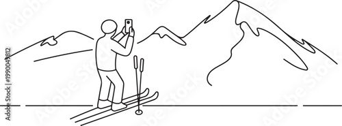 A skier stands at the edge of a slope. A skier takes pictures of a mountain landscape on his phone. one line art icon drawing vector