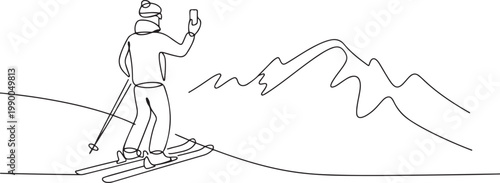 A skier stands at the edge of a slope. A skier takes pictures of a mountain landscape on his phone. one line art icon drawing vector