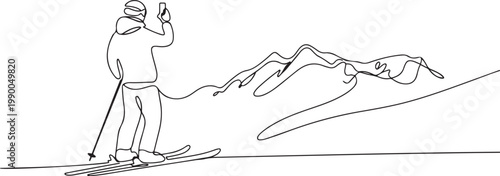 A skier stands at the edge of a slope. A skier takes pictures of a mountain landscape on his phone. one line art icon drawing vector