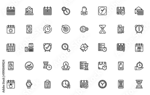 Time management icon set. Vector illustration pack featuring calendar, clock, alarm, deadline, hourglass, meeting, birthday and more. Editable stroke.