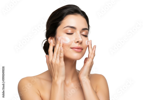 Beautiful woman applying cream to face isolated on transparent background skincare routine
