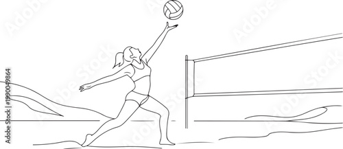 A woman is serving a volleyball. Beach volleyball. one line art icon drawing vector