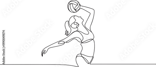 A woman is serving a volleyball. Beach volleyball. one line art icon drawing vector