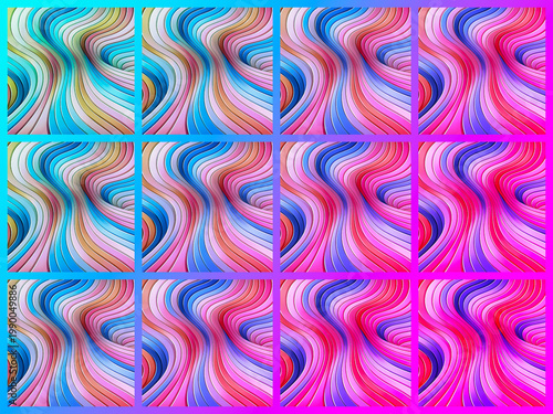 Flowing lines and vibrant colors create a dynamic grid of abstract patterns each square blends shades of blue pink and purple in a mesmerizing and energetic visual display