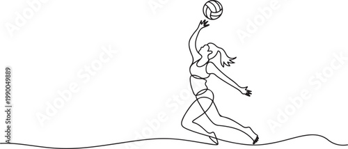 A woman is serving a volleyball. Beach volleyball. one line art icon drawing vector