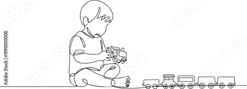 child playing toy train. Children playing with toys concept. one line art icon drawing vector