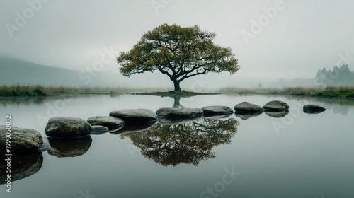 Serene Scenery of Solitary Tree Reflecting in Calm Lake Water Nature