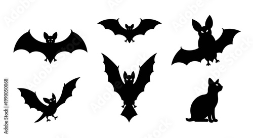 Set of silhouette icons featuring bats and a black cat, perfect for Halloween themes and spooky designs