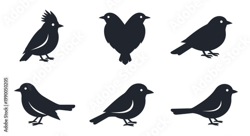 Diverse collection of stylized bird silhouettes for graphic design projects, featuring various avian species in monochrome icon format for nature-themed concepts
