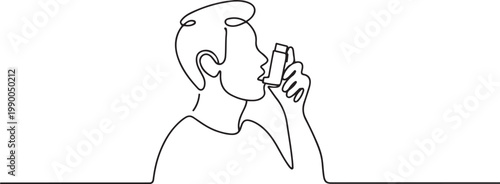 The man has asthma. Inhaler to relieve symptoms of choking. one line art icon drawing vector