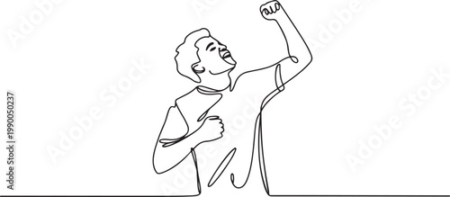 young soccer player kissing the badge on his jersey and raises fist hand to the sky. Match goal scoring celebration concept. one line art icon drawing vector