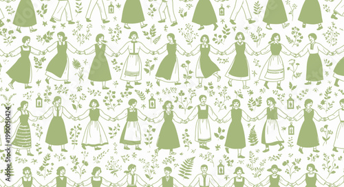 Seamless Pattern: Diverse People Holding Hands, Nature Elements, Folk Art Style